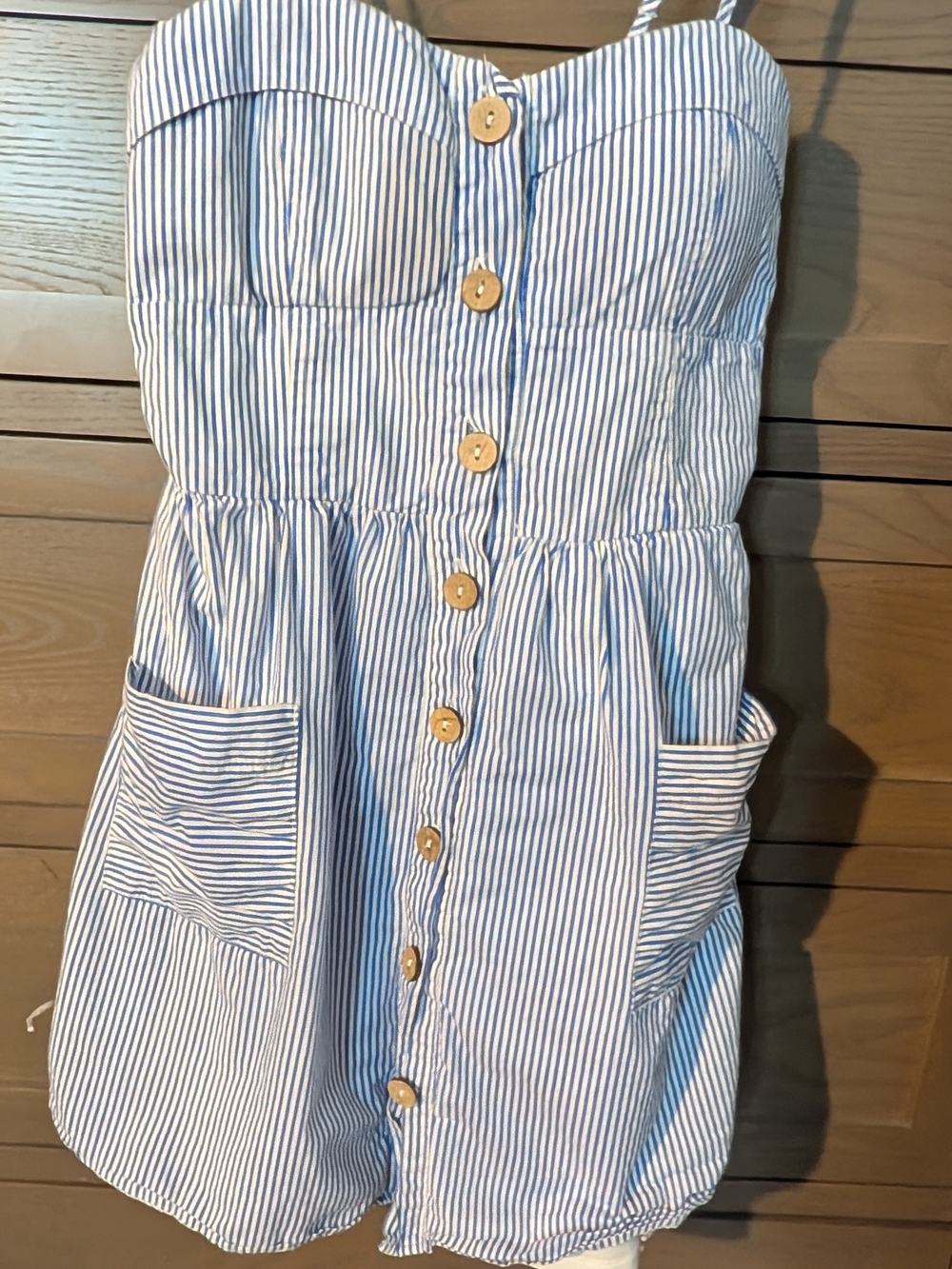 100% Cotton Blue and White Striped Button-Front Mini Dress With Pockets